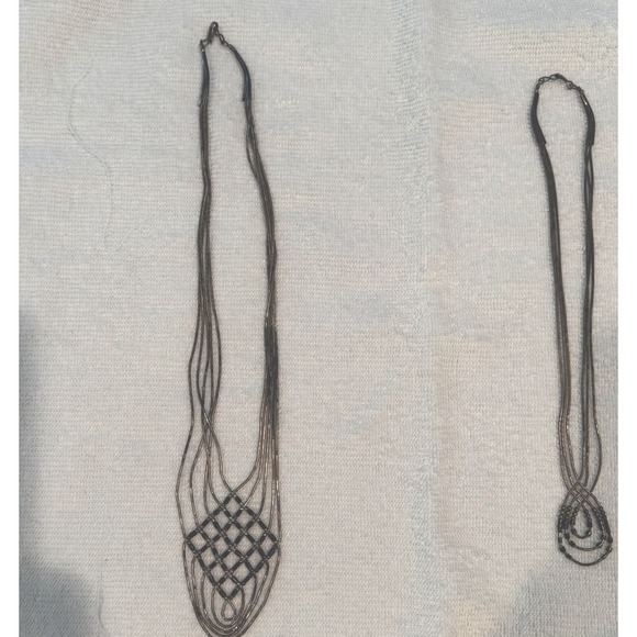 Pair Strand Liquid Silver Bib Necklaces Stamp Sterling Black Beads (Onyx?) 21g - Picture 15 of 16